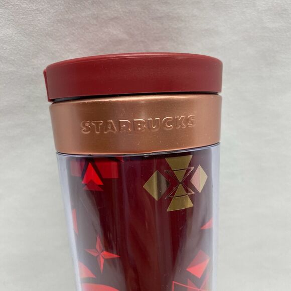 Starbucks 12oz Travel Coffee Tea Mug Red & Gold With Stars & Leaves Acrylic - Picture 2 of 10